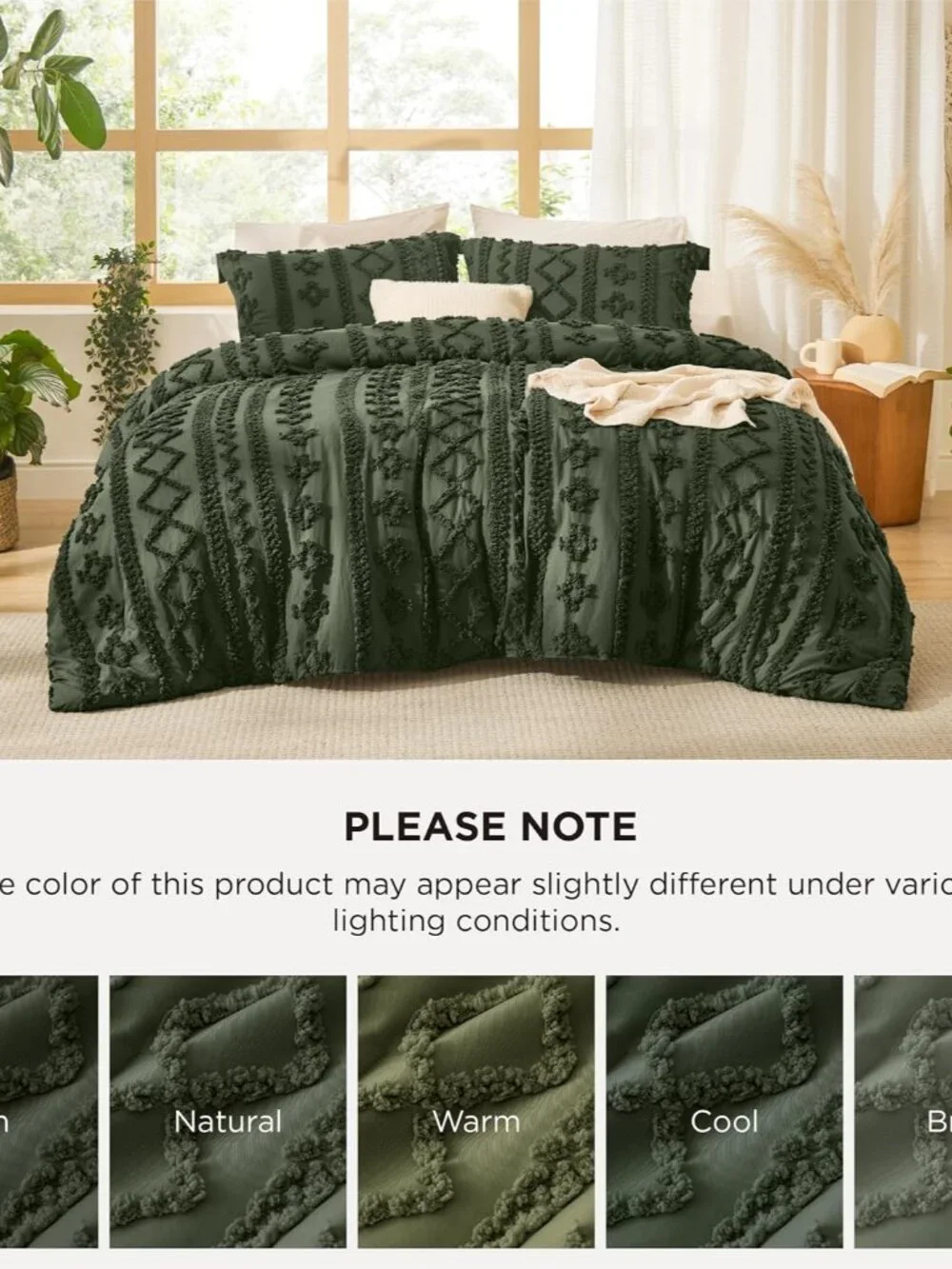 Tufted Boho Comforter Set Queen Size - Olive Green Boho Bed Set, GentleSoft 3 Pi